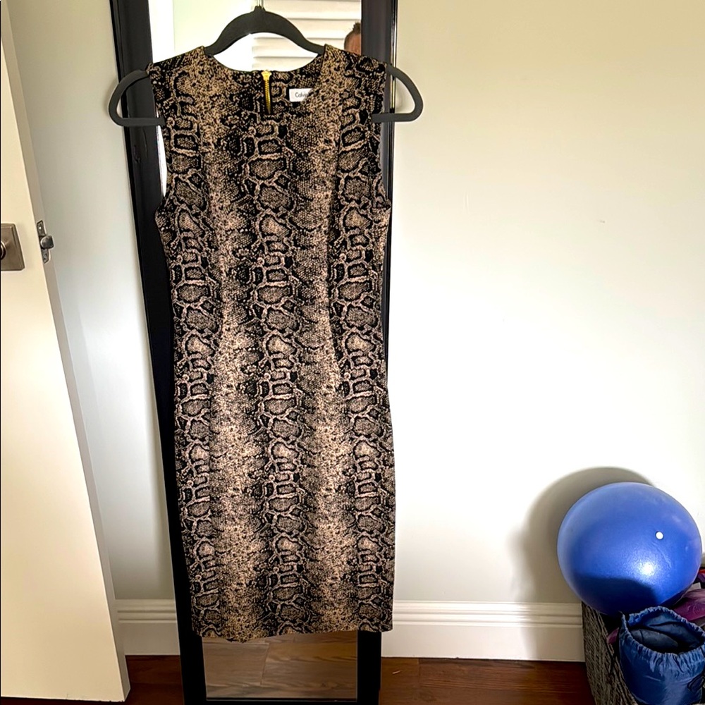 Calvin Klein Tan and Black Sheath Midi Dress Sleeveless Crew Neck